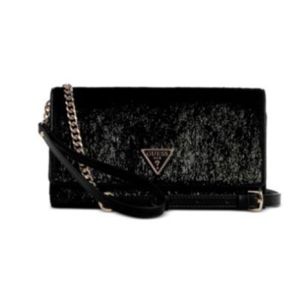 NEW! GUESS Black Glimmer Velvet Flap Clutch Crossbody